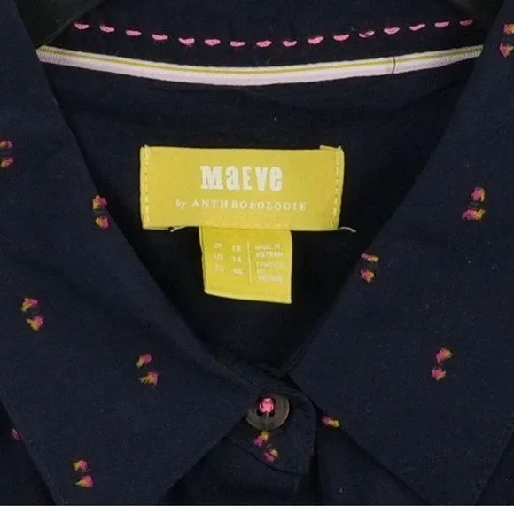 Maeve Anthropologie Top Women's Size 14 Navy Blue Embroidered Button Shirt - Picture 4 of 7